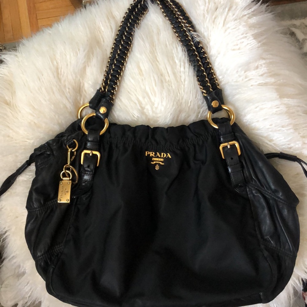 PRADA 50/50 Nappa Leather / Nylon Gaufre Shoulder Bag Purse w/ Chain Handles